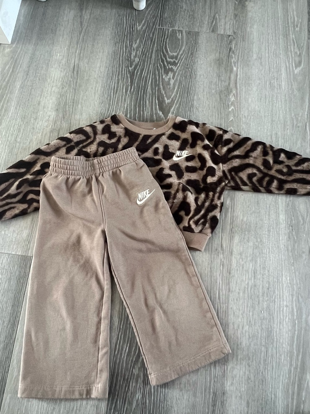 Nike Kids Taupe Joggers with Brown Leopard Fleece Sweatshirt